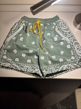 Rhude Sage Green Bandana-Print Athletic Shorts with Yellow Drawstring